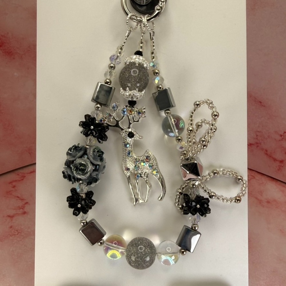 Rhinestone Deer Phone Wristlet Black Silver Floral Glass Bead Keychain Handmade